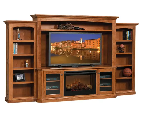 Buckingham Entertainment Center with Side Bookcases and Fireplace